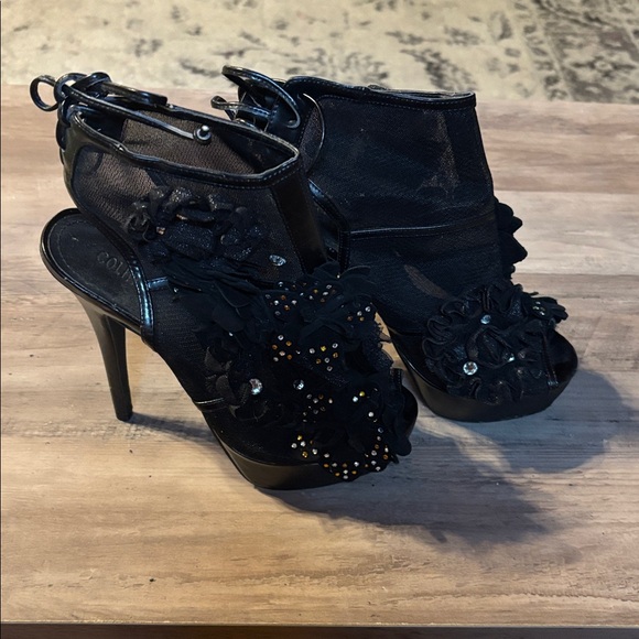 Black Mesh Peep Toe Heels with Floral Accents - Picture 1 of 3